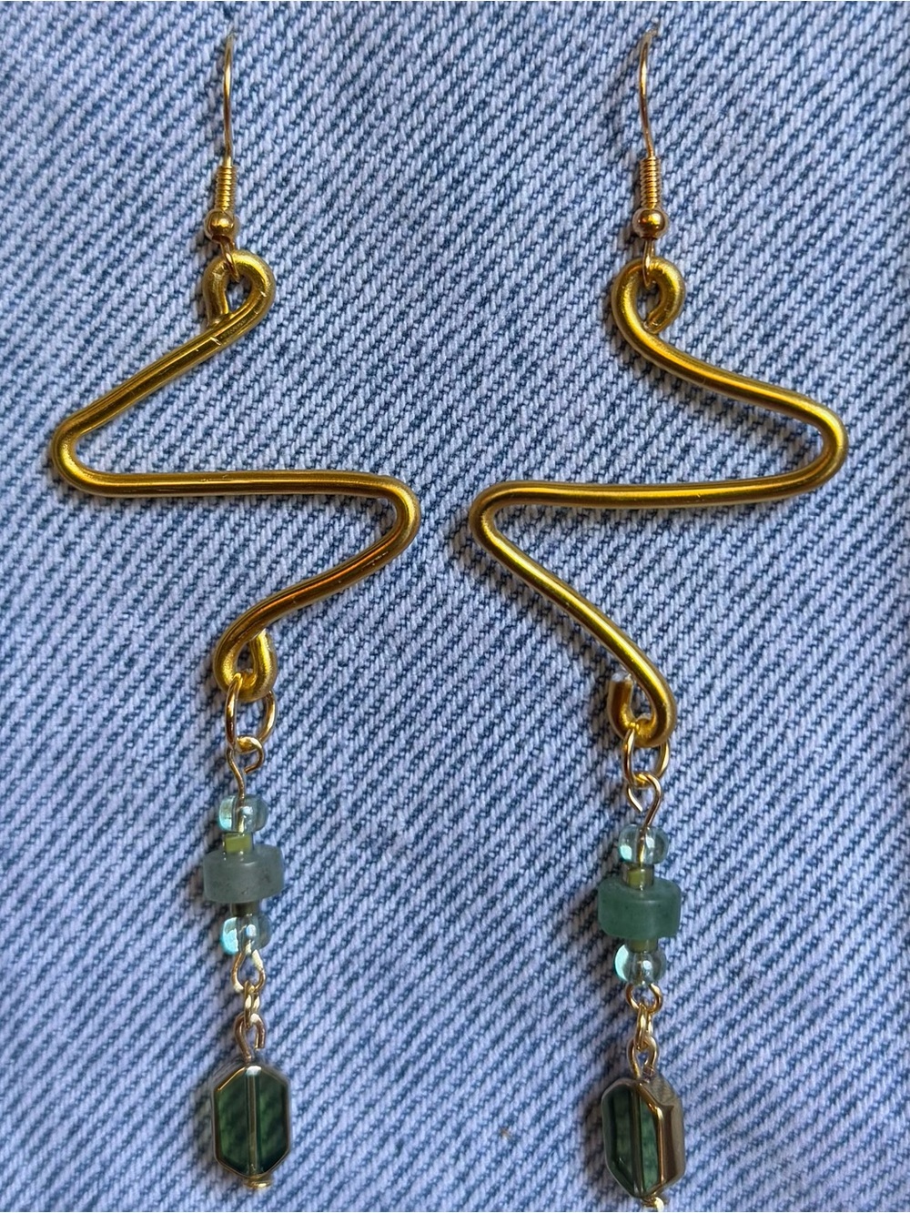 Handmade Gold Wire Zigzag Drop Earrings with Green Bead Accents